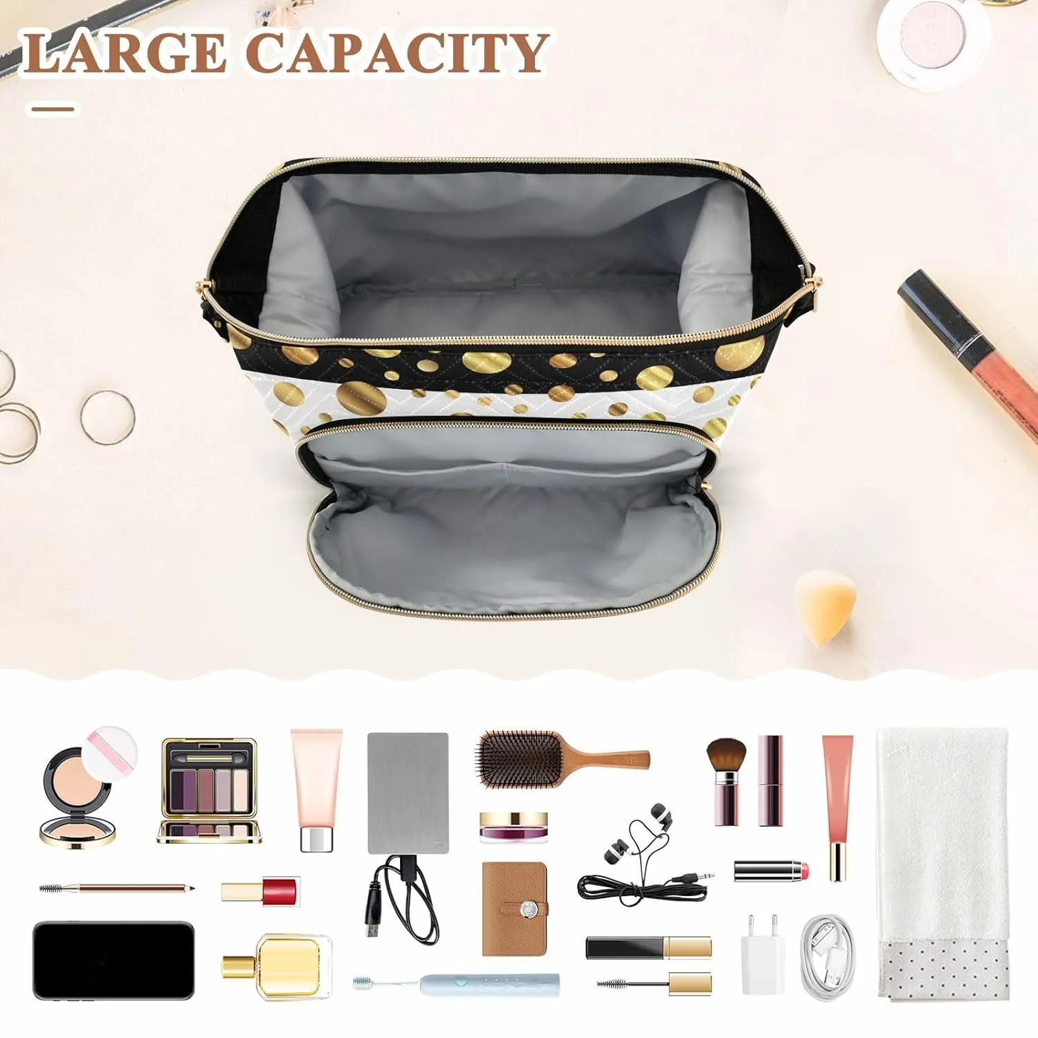 Women Wave Quilt Cosmetic Bag, Zipper Toiletry Storage 10.2x5.9x6.7 in, Pouch Handbag Makeup Case Purse Holder Organizer Print Golden Polka Dots On Black White Stripes Seamless