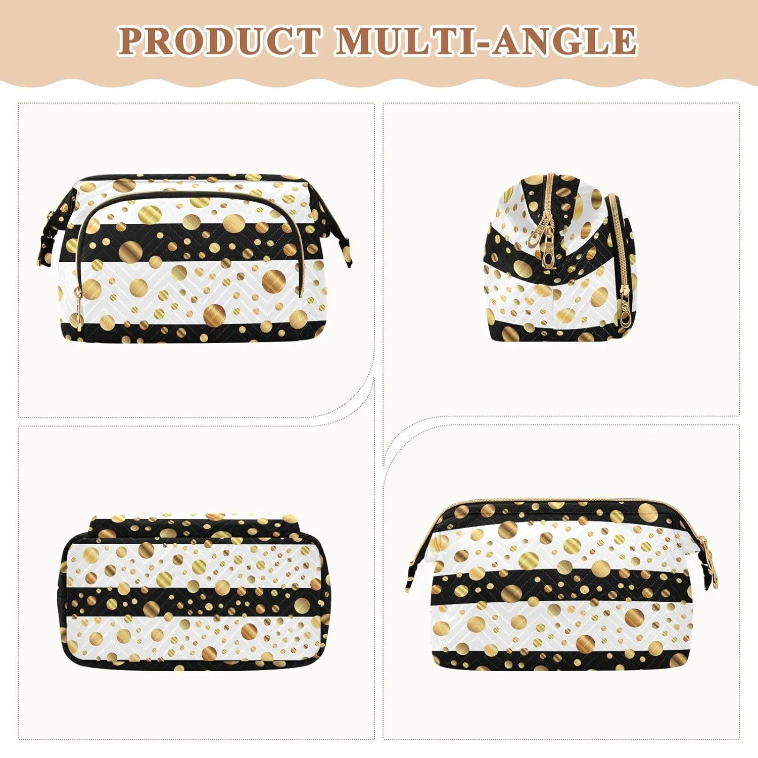 Women Wave Quilt Cosmetic Bag, Zipper Toiletry Storage 10.2x5.9x6.7 in, Pouch Handbag Makeup Case Purse Holder Organizer Print Golden Polka Dots On Black White Stripes Seamless