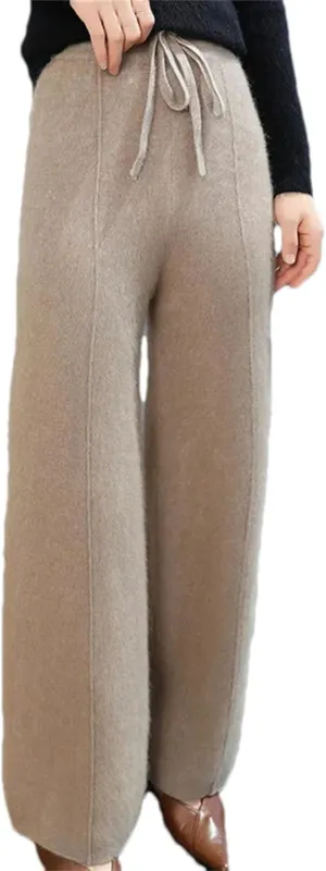 Women Wide Leg Split Wool Knitting Pants Classic Solid Lace Up Soft Warm Stripe Trousers