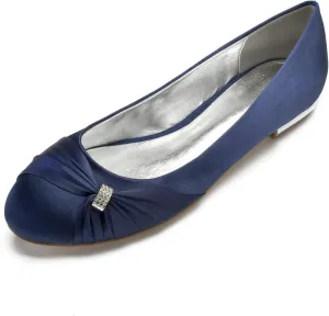 Women's Bridal Shoes Round Toe Satin Rhinestone Low Heel Flat Evening Ballerina Ballet Flats