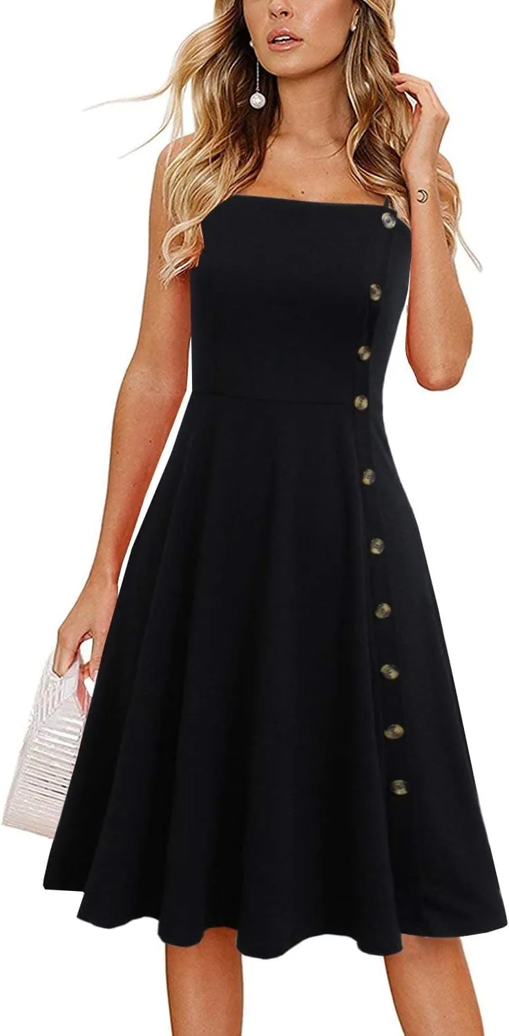 Women's Casual Summer Beach Flattering Flowy A-Line Spaghetti Straps Solid Cotton Button Down Midi Sundress