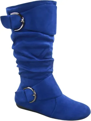 Women's Closed Round Toe Buckle Side Zip Buckle Slouch Flat Heel Mid-Calf Boot