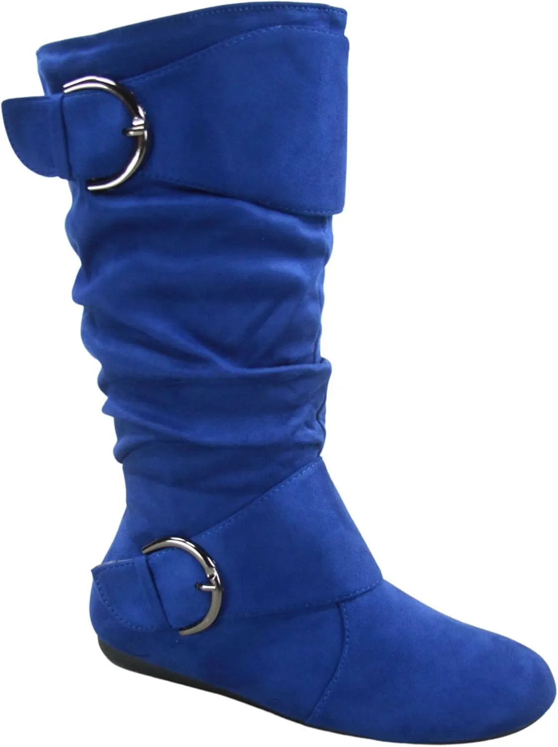 Women's Closed Round Toe Buckle Side Zip Buckle Slouch Flat Heel Mid-Calf Boot