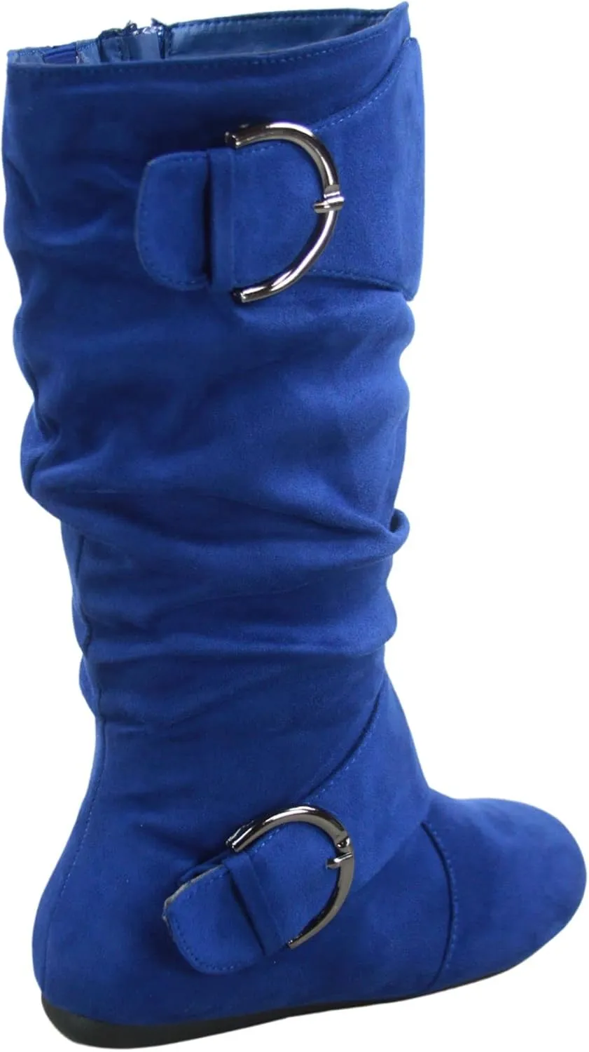 Women's Closed Round Toe Buckle Side Zip Buckle Slouch Flat Heel Mid-Calf Boot