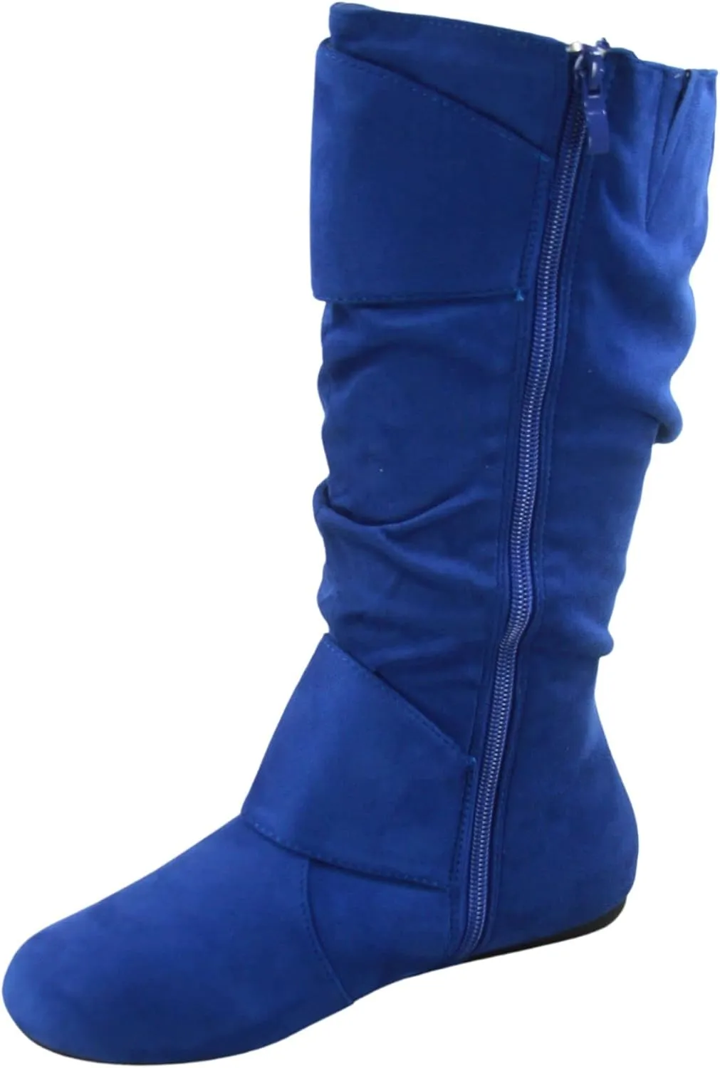 Women's Closed Round Toe Buckle Side Zip Buckle Slouch Flat Heel Mid-Calf Boot