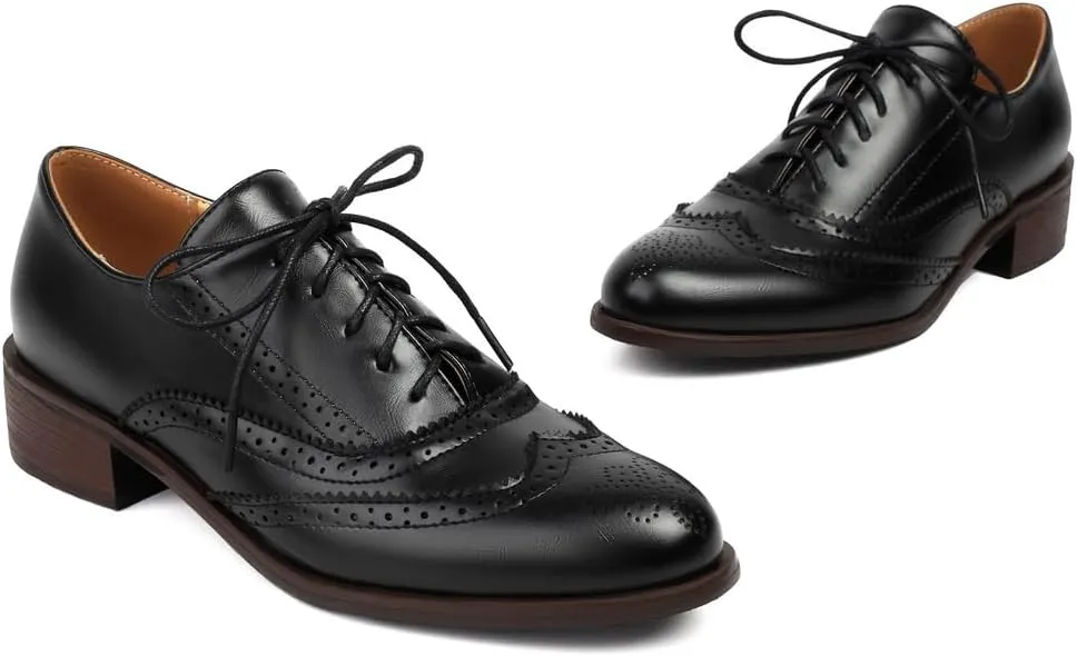 Women's Flat Saddle Oxford Shoes Round Toe Wingtip Perforated Lace Up Low Heel School Uniform Oxfords Brogues