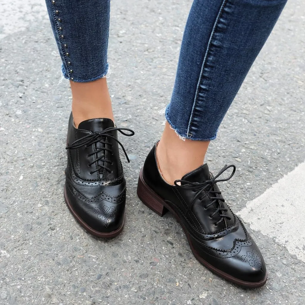 Women's Flat Saddle Oxford Shoes Round Toe Wingtip Perforated Lace Up Low Heel School Uniform Oxfords Brogues