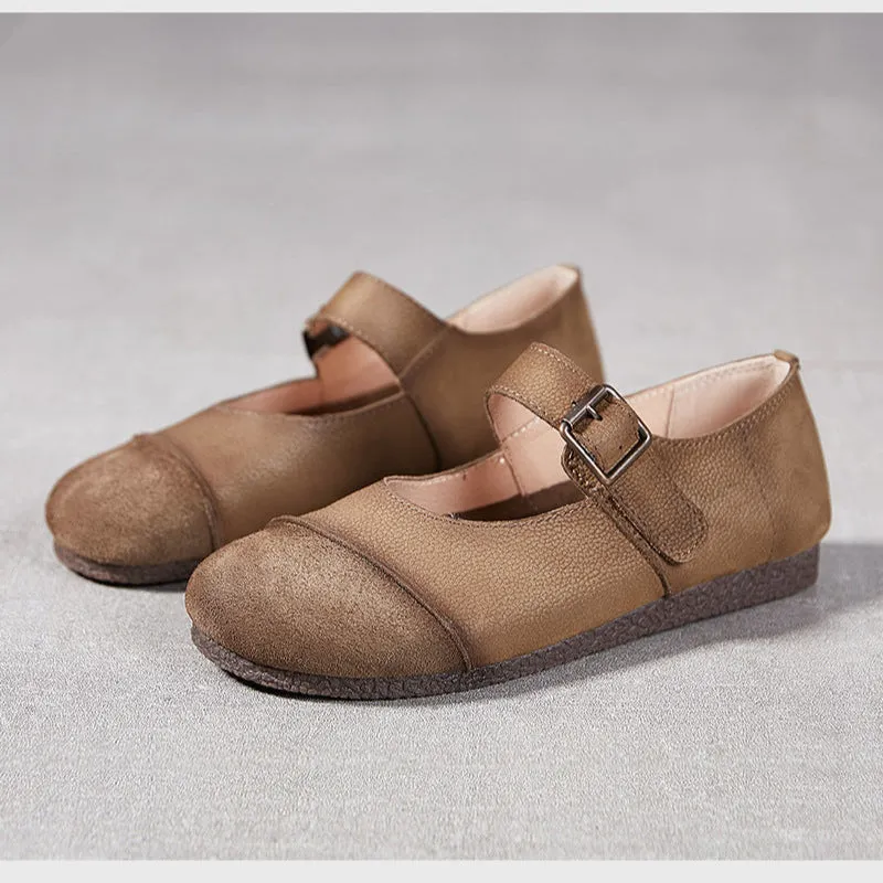 Women's Handmade Leather Round Toe Patchwork Buckle Flat Mary Jane
