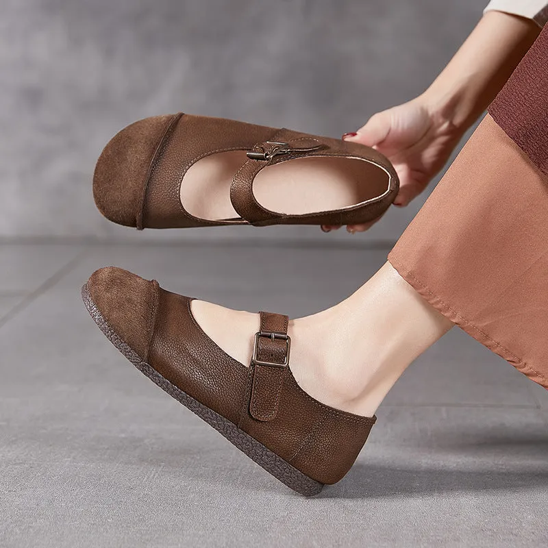 Women's Handmade Leather Round Toe Patchwork Buckle Flat Mary Jane