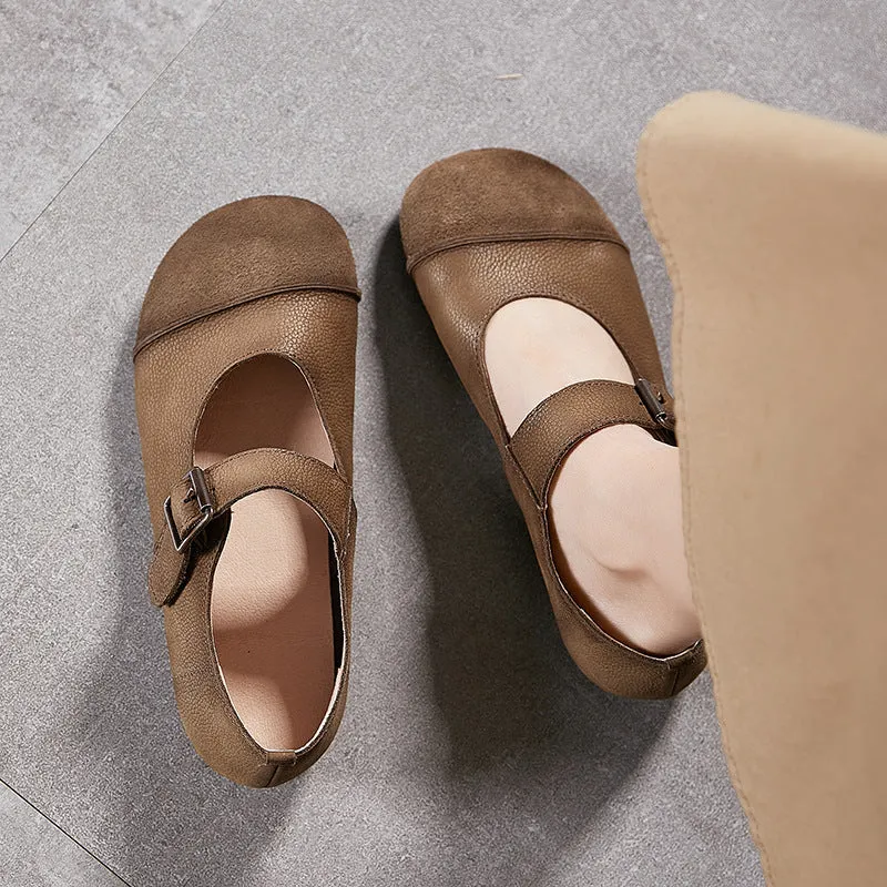 Women's Handmade Leather Round Toe Patchwork Buckle Flat Mary Jane