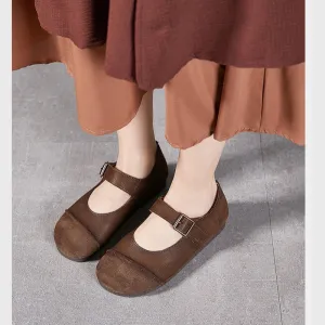 Women's Handmade Leather Round Toe Patchwork Buckle Flat Mary Jane