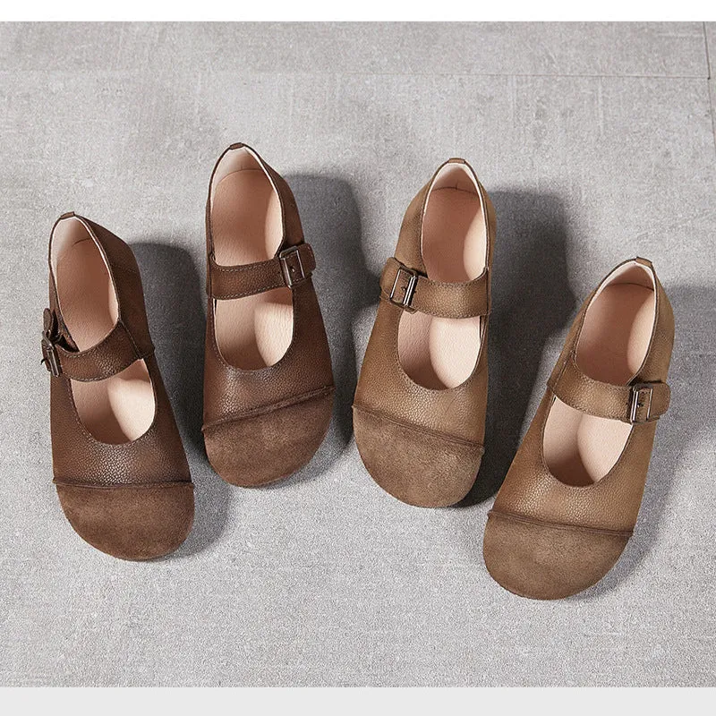 Women's Handmade Leather Round Toe Patchwork Buckle Flat Mary Jane
