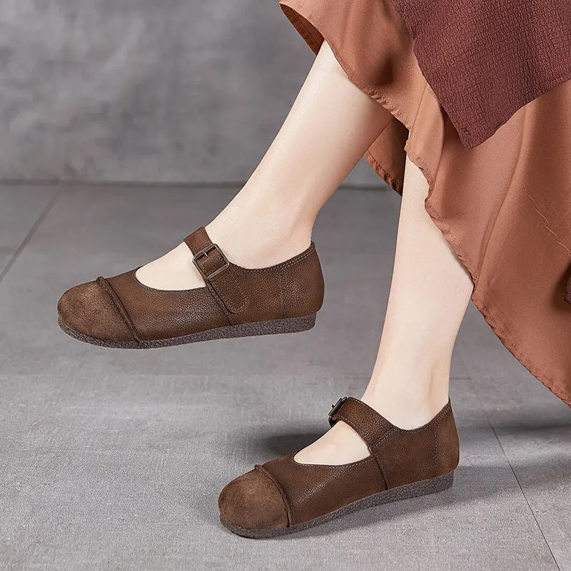 Women's Handmade Leather Round Toe Patchwork Buckle Flat Mary Jane