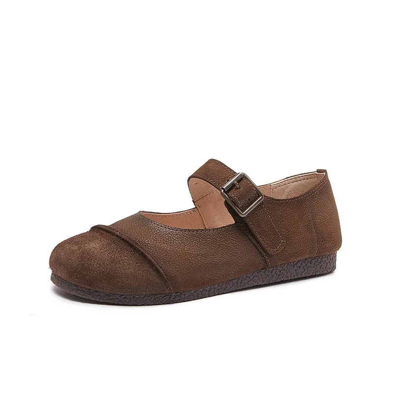 Women's Handmade Leather Round Toe Patchwork Buckle Flat Mary Jane
