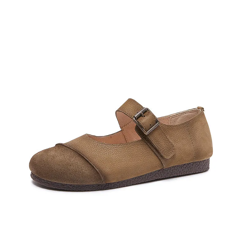 Women's Handmade Leather Round Toe Patchwork Buckle Flat Mary Jane