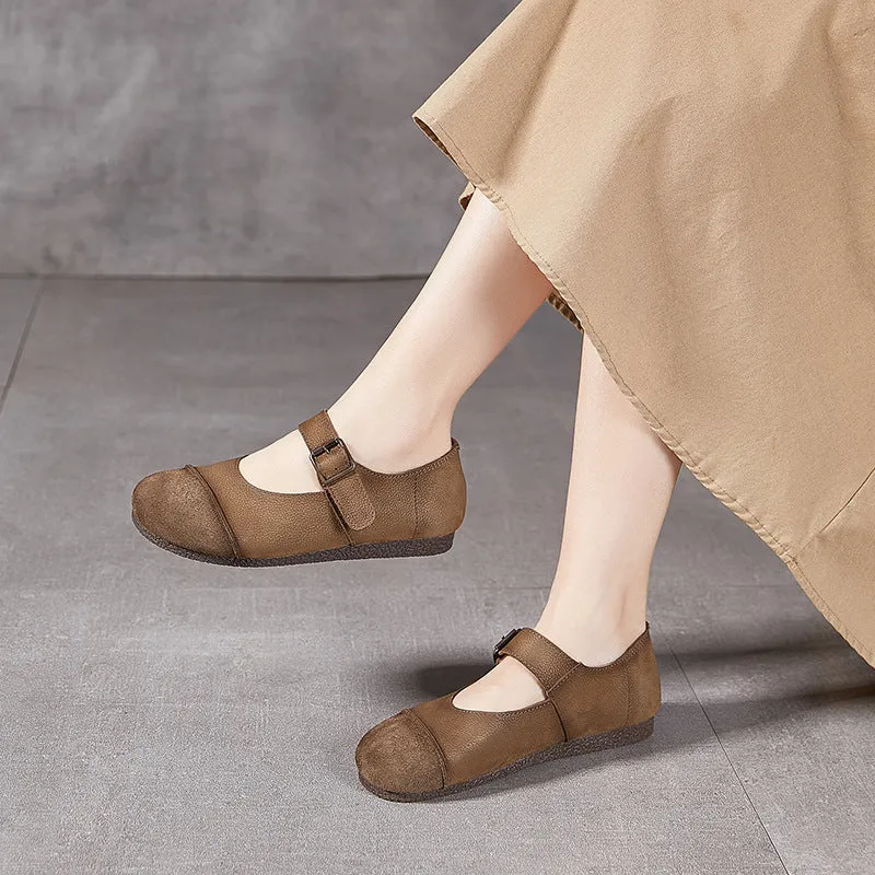 Women's Handmade Leather Round Toe Patchwork Buckle Flat Mary Jane