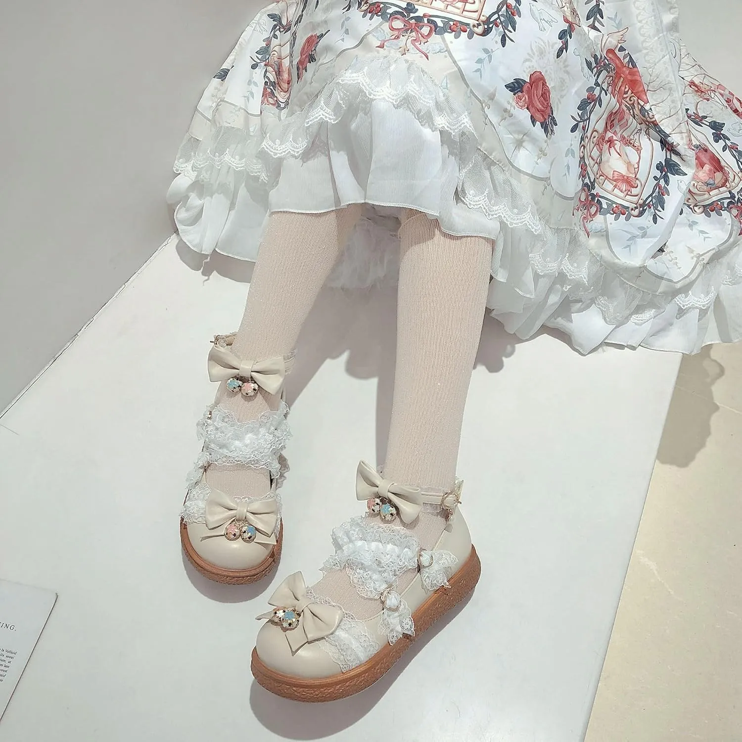 Women's Kawaii Low Wedge Heel Mary Jane Platform Lolita Shoes, Cute Round Toe Ankle Strap Buckle Mary Jane Flats, Sweet Dress Uniform Cosplay School Shoes with Bow
