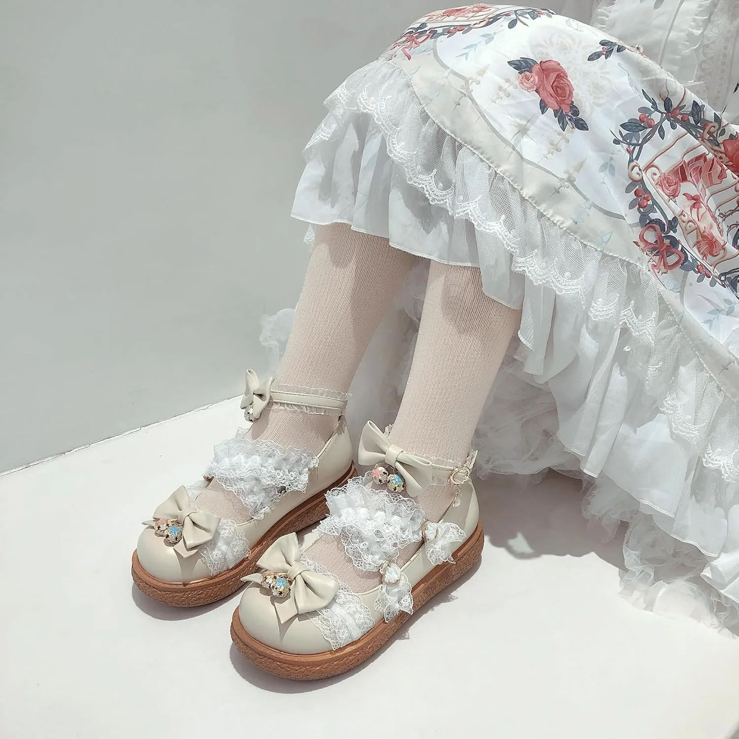 Women's Kawaii Low Wedge Heel Mary Jane Platform Lolita Shoes, Cute Round Toe Ankle Strap Buckle Mary Jane Flats, Sweet Dress Uniform Cosplay School Shoes with Bow
