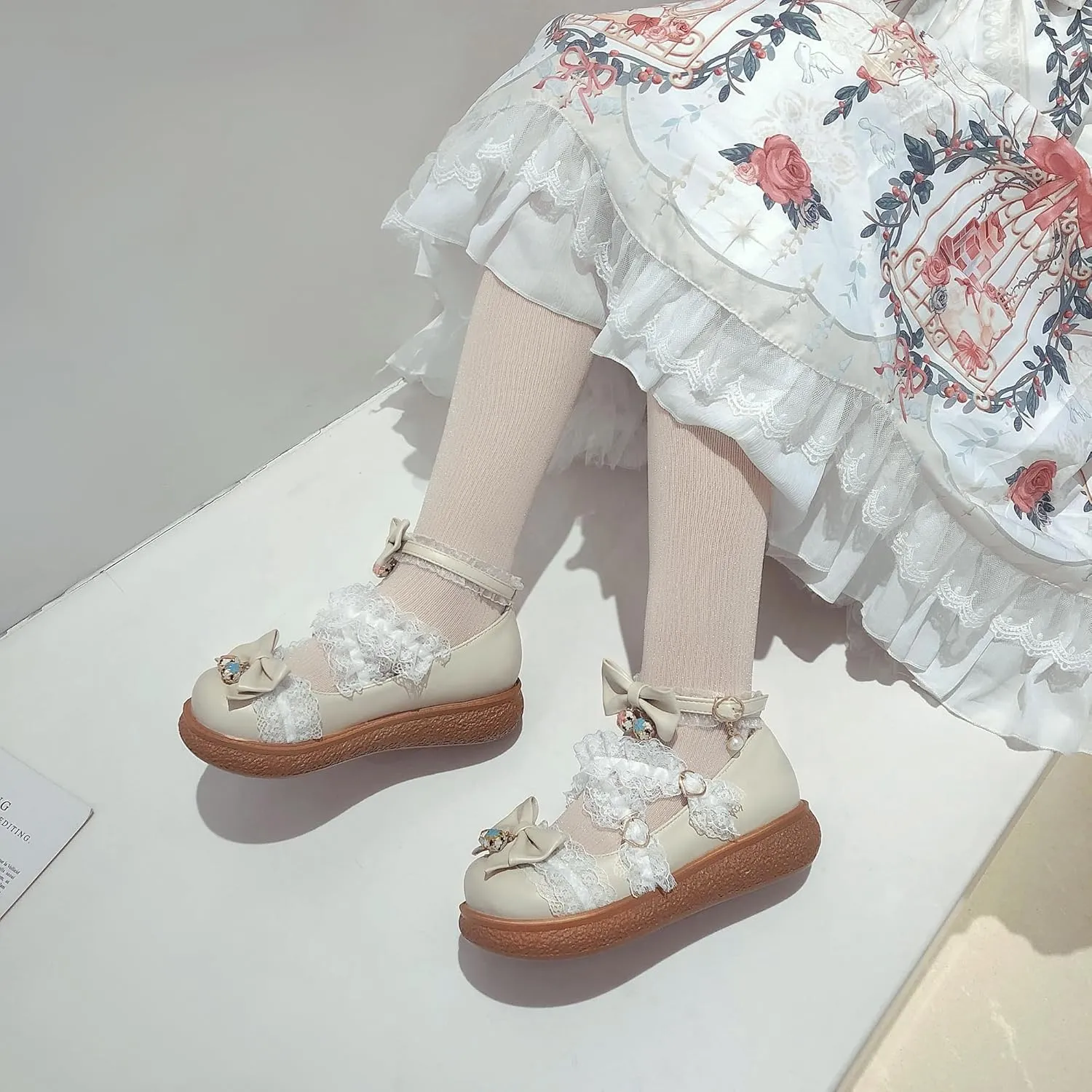 Women's Kawaii Low Wedge Heel Mary Jane Platform Lolita Shoes, Cute Round Toe Ankle Strap Buckle Mary Jane Flats, Sweet Dress Uniform Cosplay School Shoes with Bow