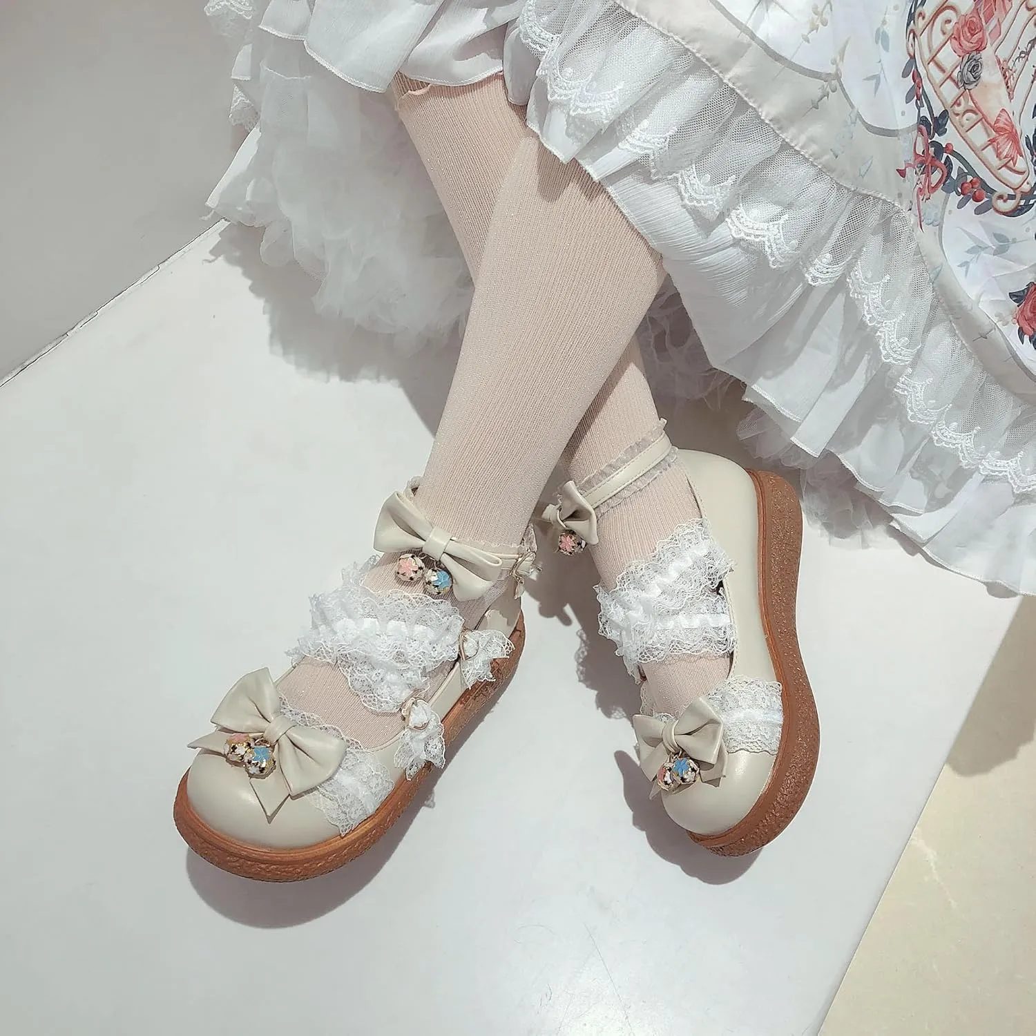 Women's Kawaii Low Wedge Heel Mary Jane Platform Lolita Shoes, Cute Round Toe Ankle Strap Buckle Mary Jane Flats, Sweet Dress Uniform Cosplay School Shoes with Bow