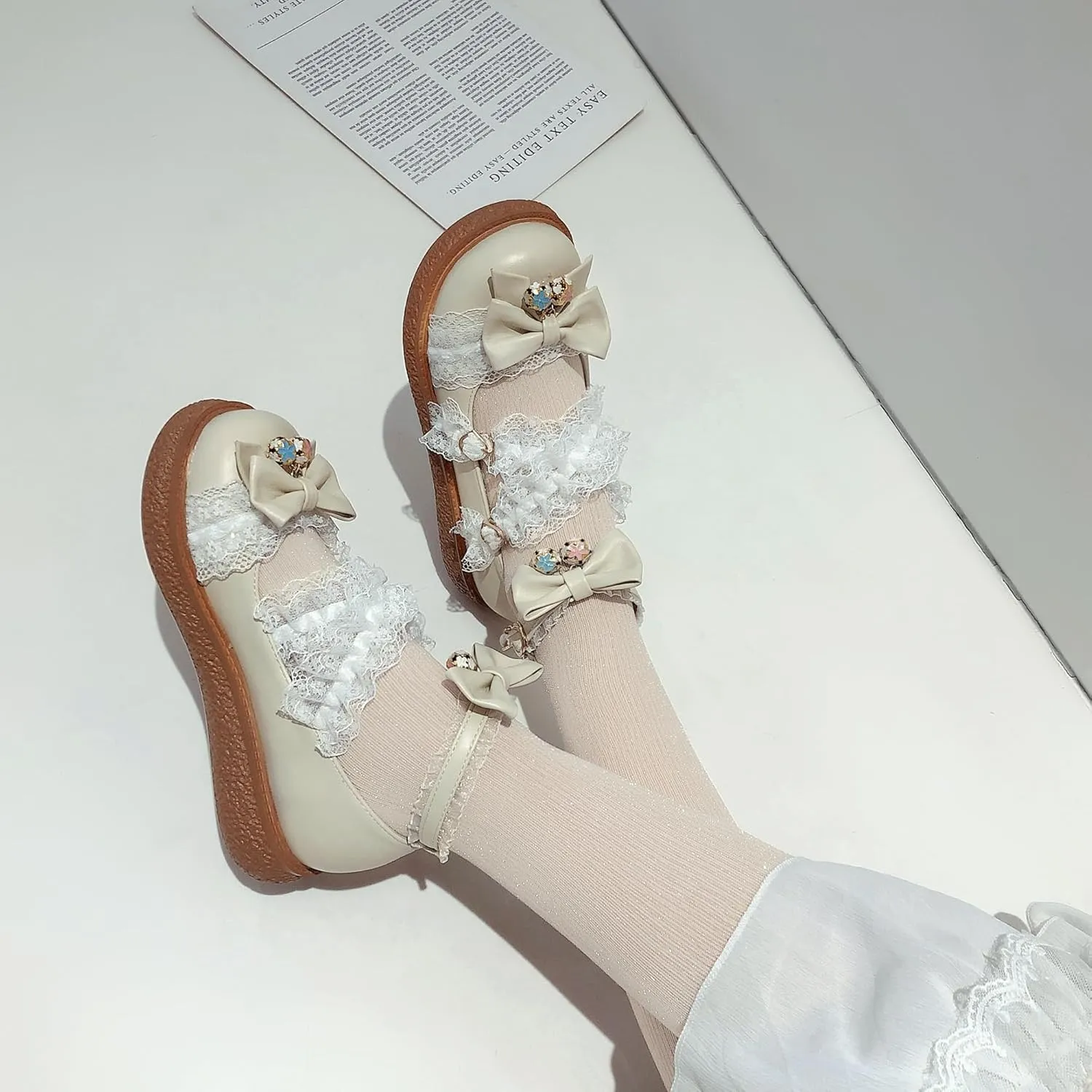 Women's Kawaii Low Wedge Heel Mary Jane Platform Lolita Shoes, Cute Round Toe Ankle Strap Buckle Mary Jane Flats, Sweet Dress Uniform Cosplay School Shoes with Bow