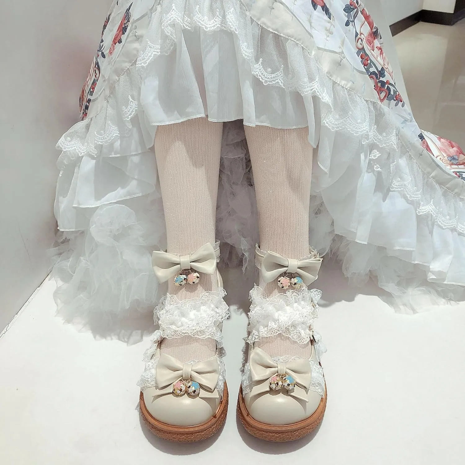 Women's Kawaii Low Wedge Heel Mary Jane Platform Lolita Shoes, Cute Round Toe Ankle Strap Buckle Mary Jane Flats, Sweet Dress Uniform Cosplay School Shoes with Bow