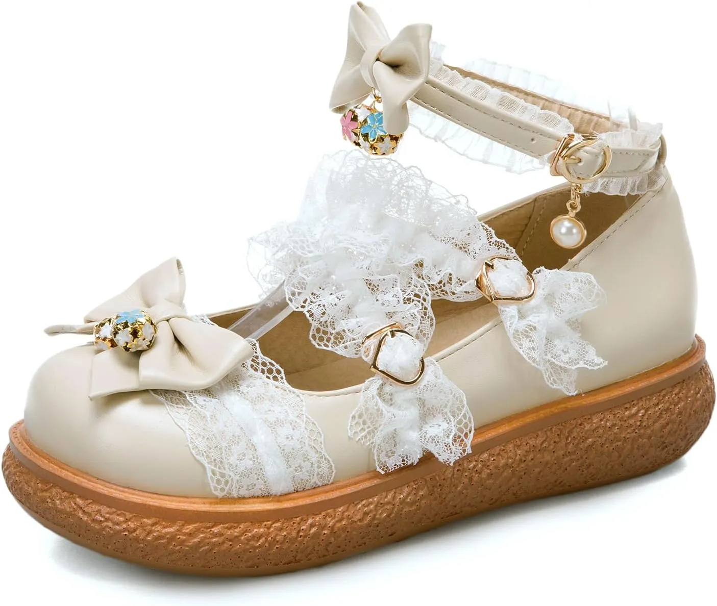 Women's Kawaii Low Wedge Heel Mary Jane Platform Lolita Shoes, Cute Round Toe Ankle Strap Buckle Mary Jane Flats, Sweet Dress Uniform Cosplay School Shoes with Bow