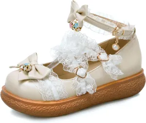 Women's Kawaii Low Wedge Heel Mary Jane Platform Lolita Shoes, Cute Round Toe Ankle Strap Buckle Mary Jane Flats, Sweet Dress Uniform Cosplay School Shoes with Bow