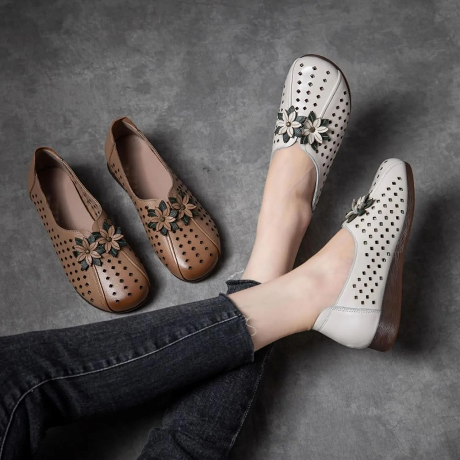 Women's Leather Flower Casual Dress Shoes,Vintage Comfort Summer/Fall Slip on Oxford Soft Sole Flat Walking Loafers