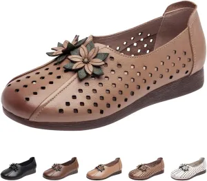 Women's Leather Flower Casual Dress Shoes,Vintage Comfort Summer/Fall Slip on Oxford Soft Sole Flat Walking Loafers