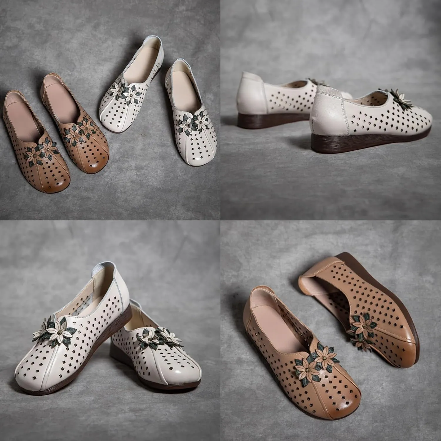 Women's Leather Flower Casual Dress Shoes,Vintage Comfort Summer/Fall Slip on Oxford Soft Sole Flat Walking Loafers