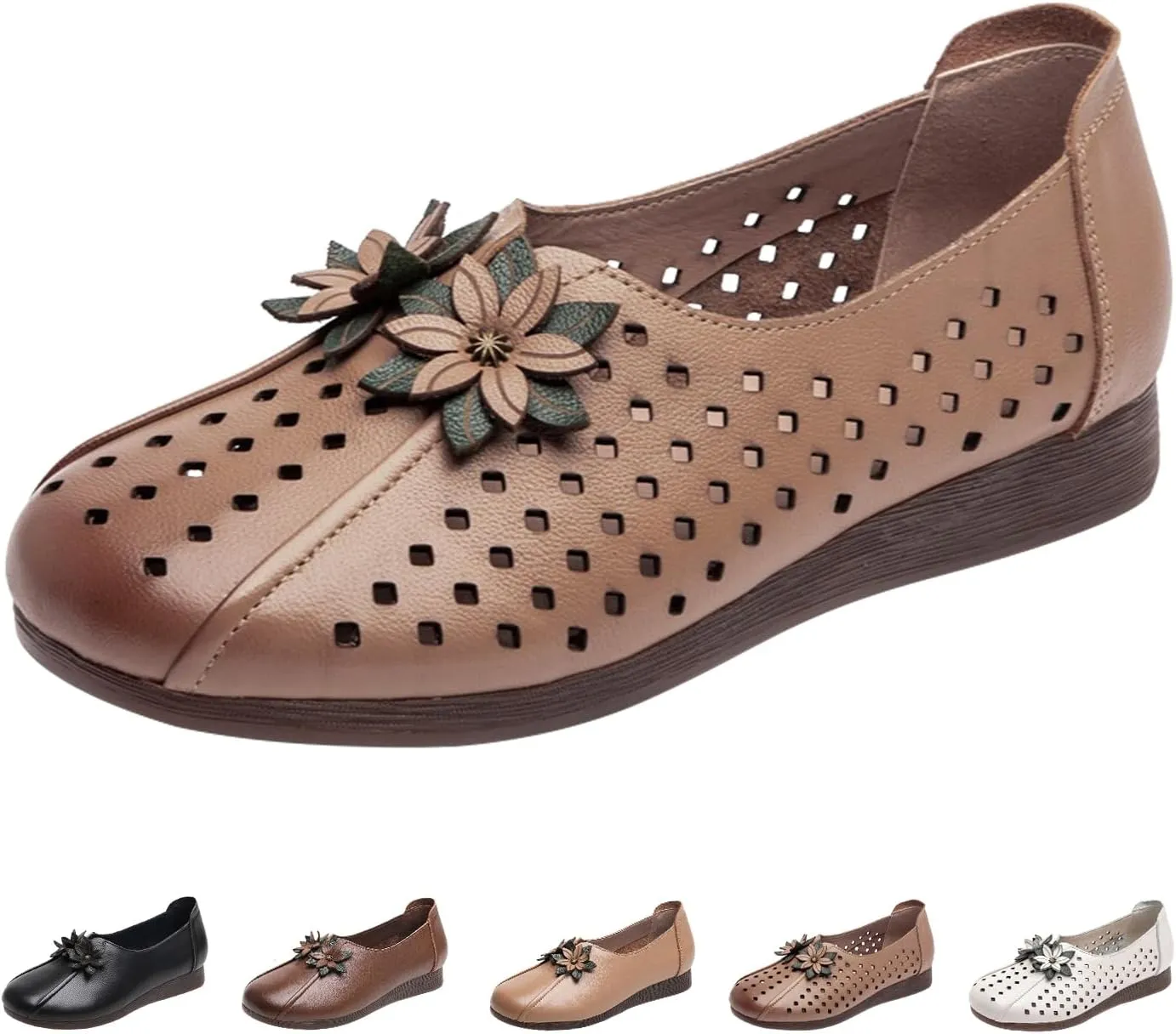Women's Leather Flower Casual Dress Shoes,Vintage Comfort Summer/Fall Slip on Oxford Soft Sole Flat Walking Loafers