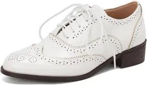 Women's Oxfords Lace Up Wingtip Vintage Flat Pumps Comfortable Low Heel Business Brogue Work Office Round Toe Dress Shoes