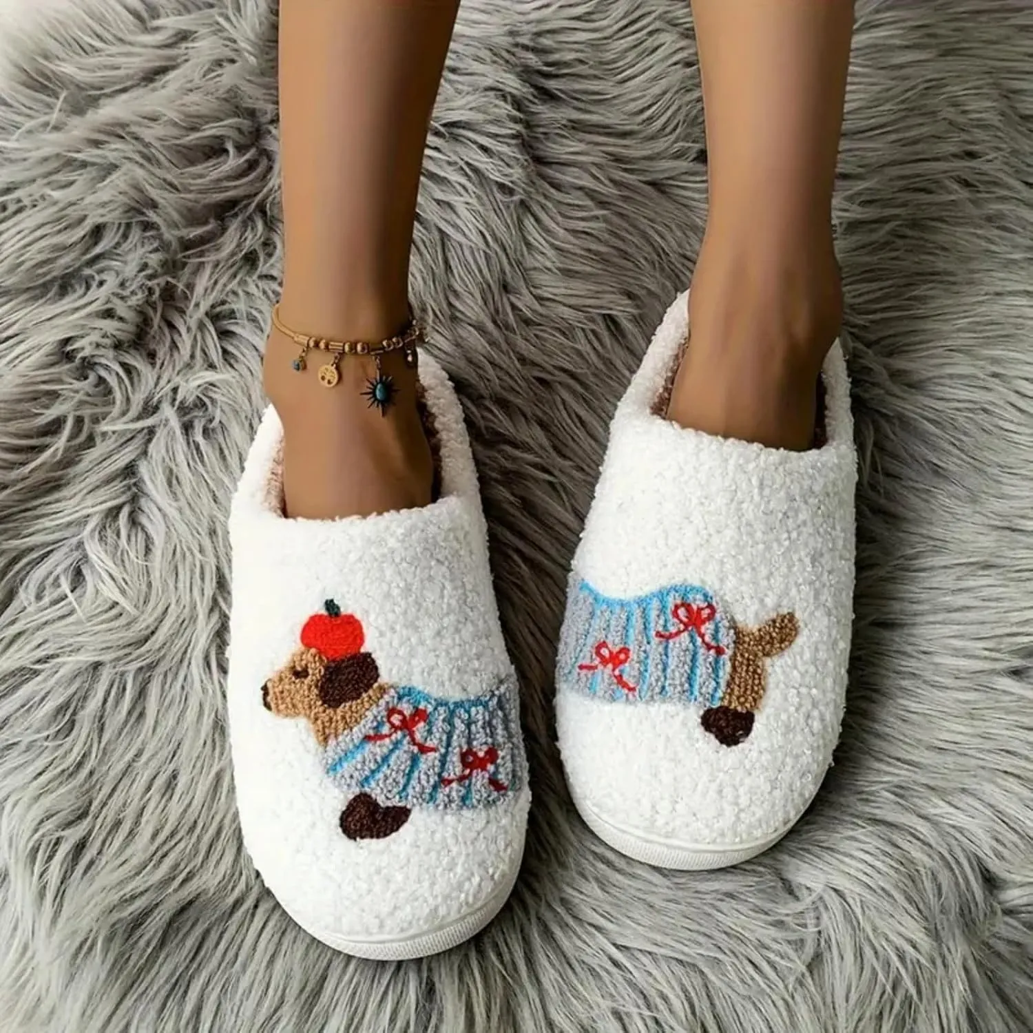 Women's Plush Heart Love Slippers - Blue Eyes Mushroom Cat Ears Retro Memory Foam Soft Plush Home Shoes
