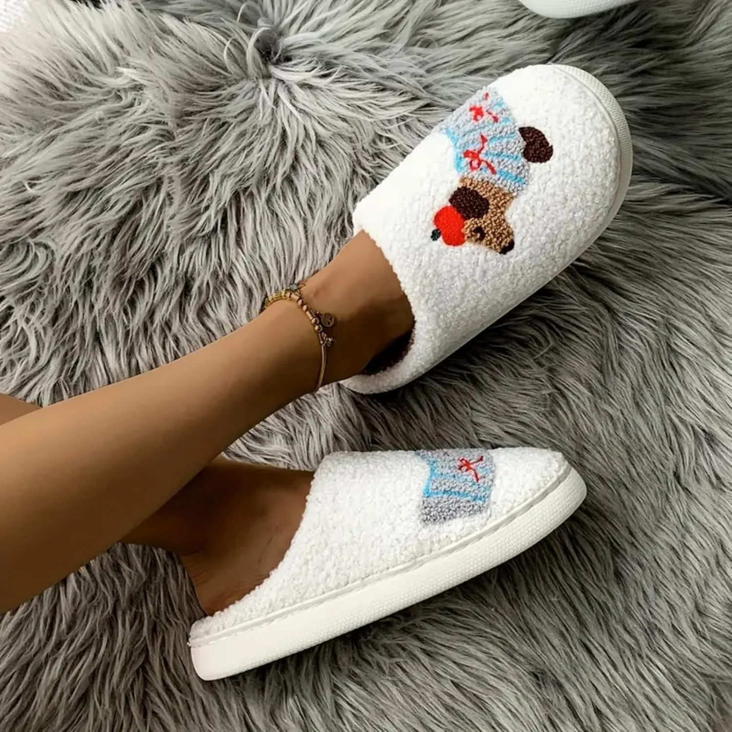 Women's Plush Heart Love Slippers - Blue Eyes Mushroom Cat Ears Retro Memory Foam Soft Plush Home Shoes