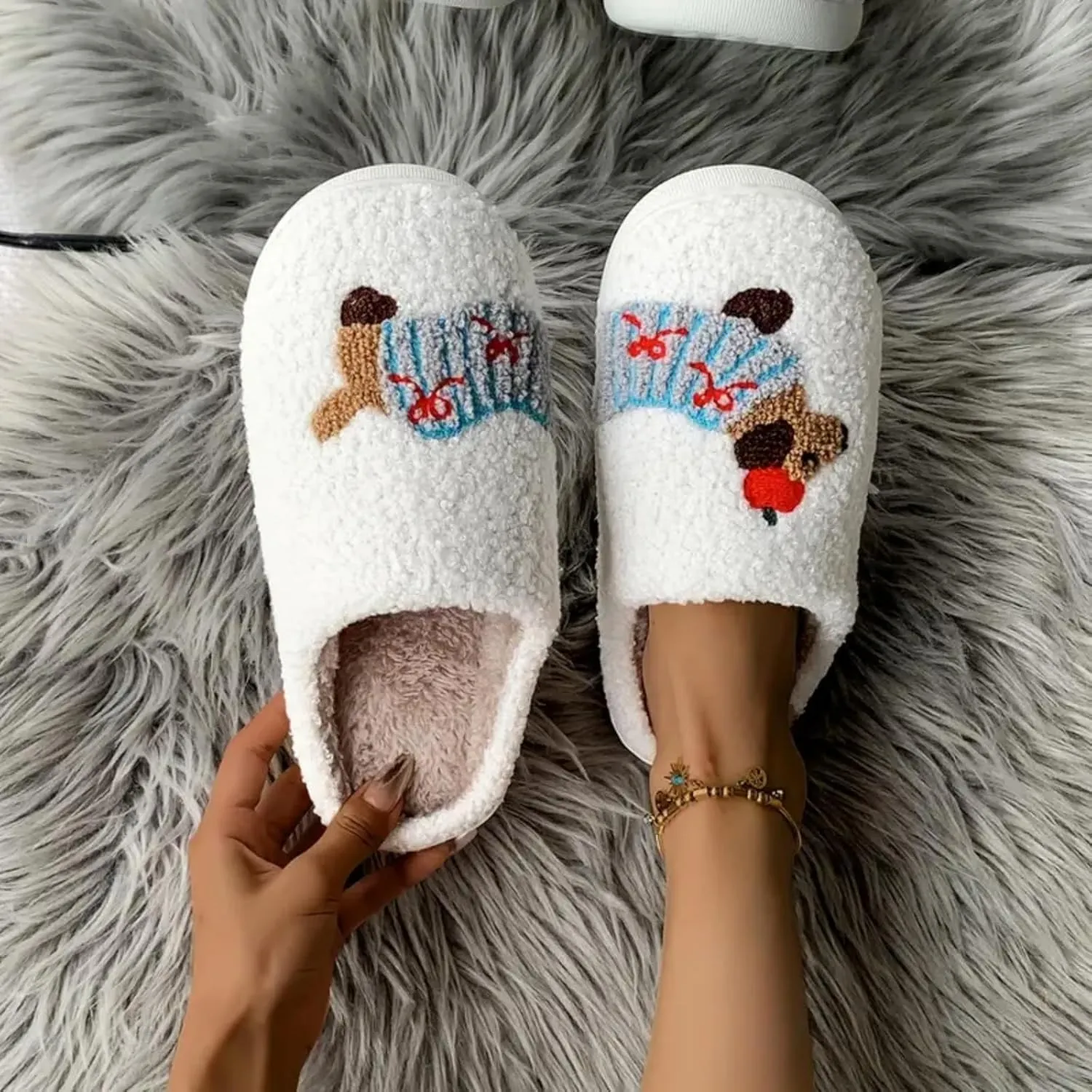 Women's Plush Heart Love Slippers - Blue Eyes Mushroom Cat Ears Retro Memory Foam Soft Plush Home Shoes