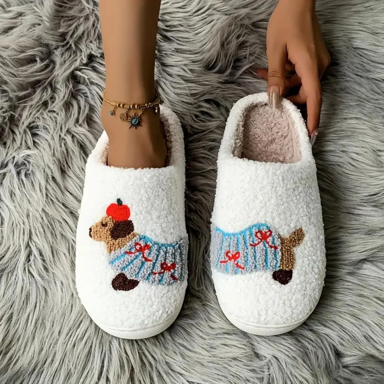 Women's Plush Heart Love Slippers - Blue Eyes Mushroom Cat Ears Retro Memory Foam Soft Plush Home Shoes