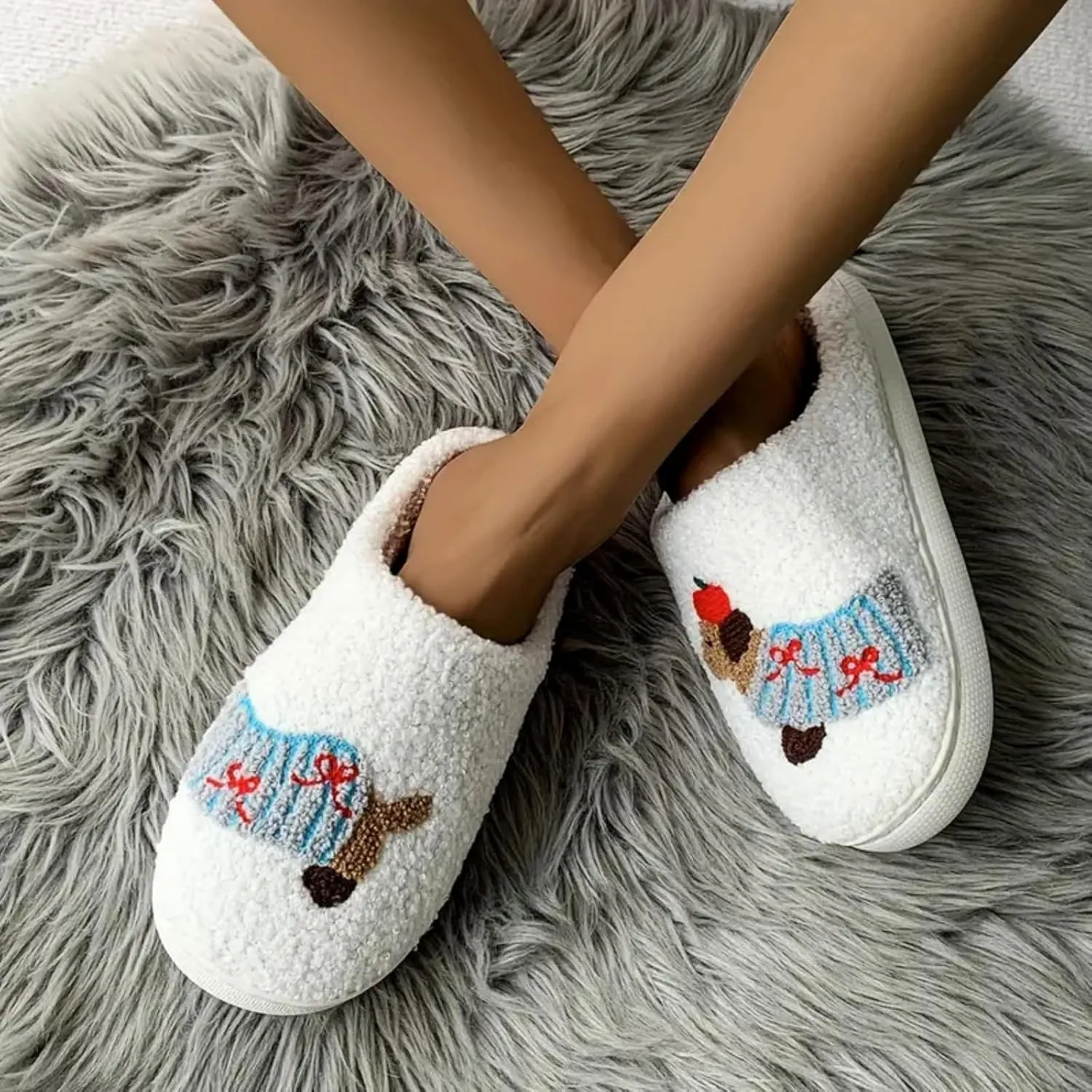 Women's Plush Heart Love Slippers - Blue Eyes Mushroom Cat Ears Retro Memory Foam Soft Plush Home Shoes