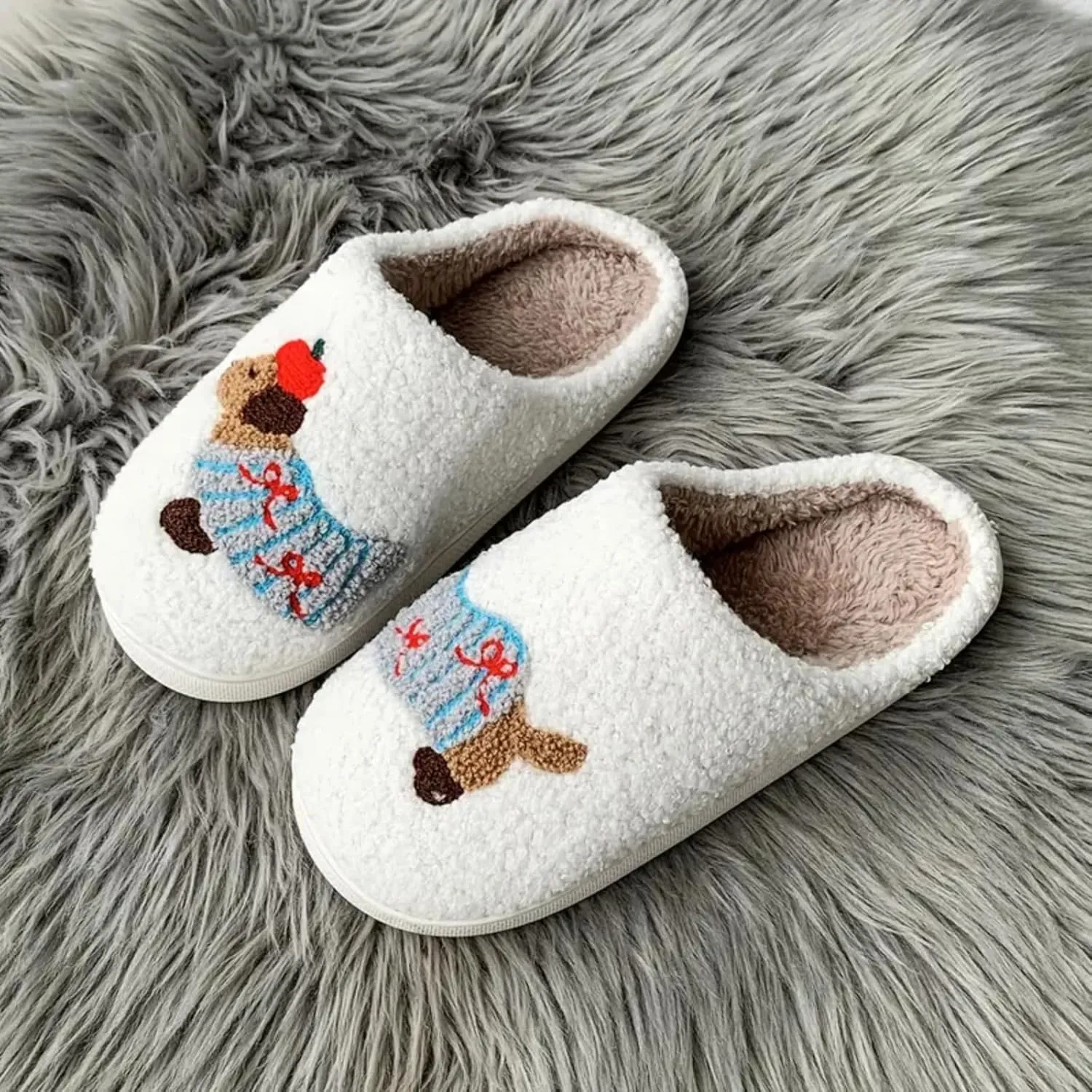 Women's Plush Heart Love Slippers - Blue Eyes Mushroom Cat Ears Retro Memory Foam Soft Plush Home Shoes