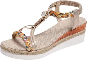 Women's Round Toe Flat Wedge Beaded Open Toe Bohemian Platform Sandals Women Beach Sandals Size 6