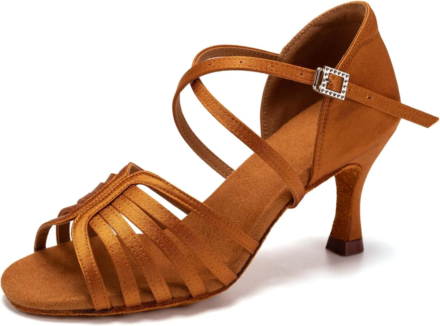 Women's Satin Latin Dance Shoes Professional Ballroom Salsa Performance Practice Dancing Shoes,Model EM-Suede Sole-3”Heel