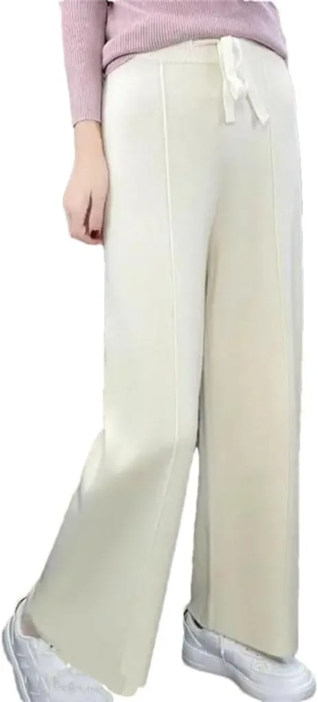 Women's Solid Soft Warm Knitted Solid Color Flat Wide Leg Pants High Waisted Lace Up Casual Floor Trousers