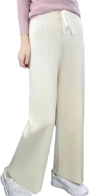 Women's Solid Soft Warm Knitted Solid Color Flat Wide Leg Pants High Waisted Lace Up Casual Floor Trousers