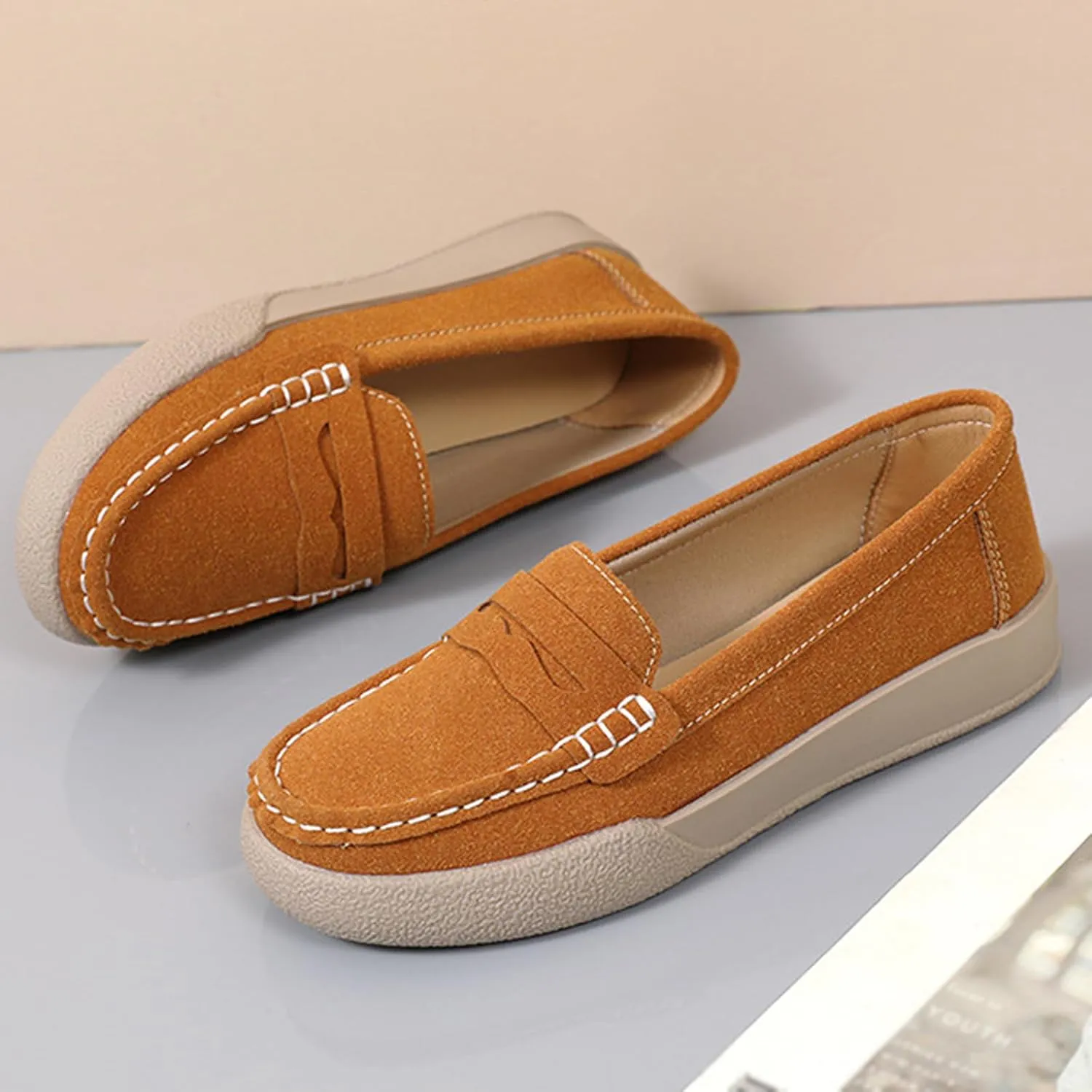Women's Suede Slip-On Flat Penny Loafers,Fashion Comfortable Non-Slip Moccasins Driving Shoes,Lightweight Soft Sole Casual Work Boat Shoes