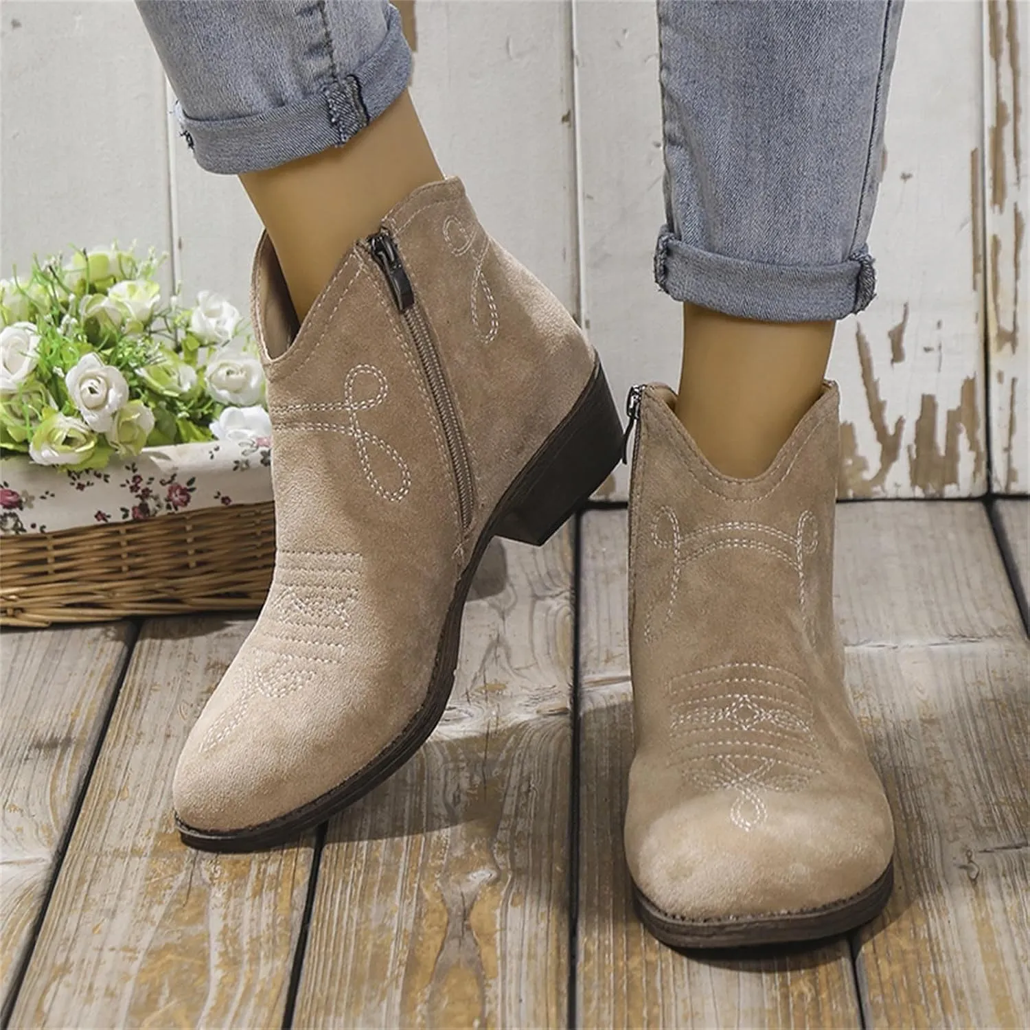 Womens Western Ankle Boots Womens Boots Ankle Western Suede Side Zipper Short Booties Casual Walking Shoes