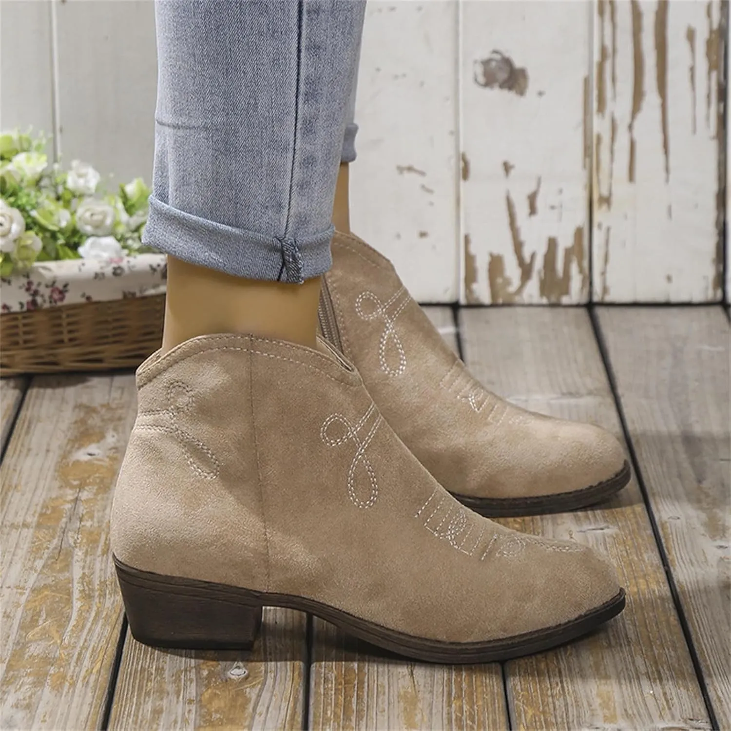 Womens Western Ankle Boots Womens Boots Ankle Western Suede Side Zipper Short Booties Casual Walking Shoes