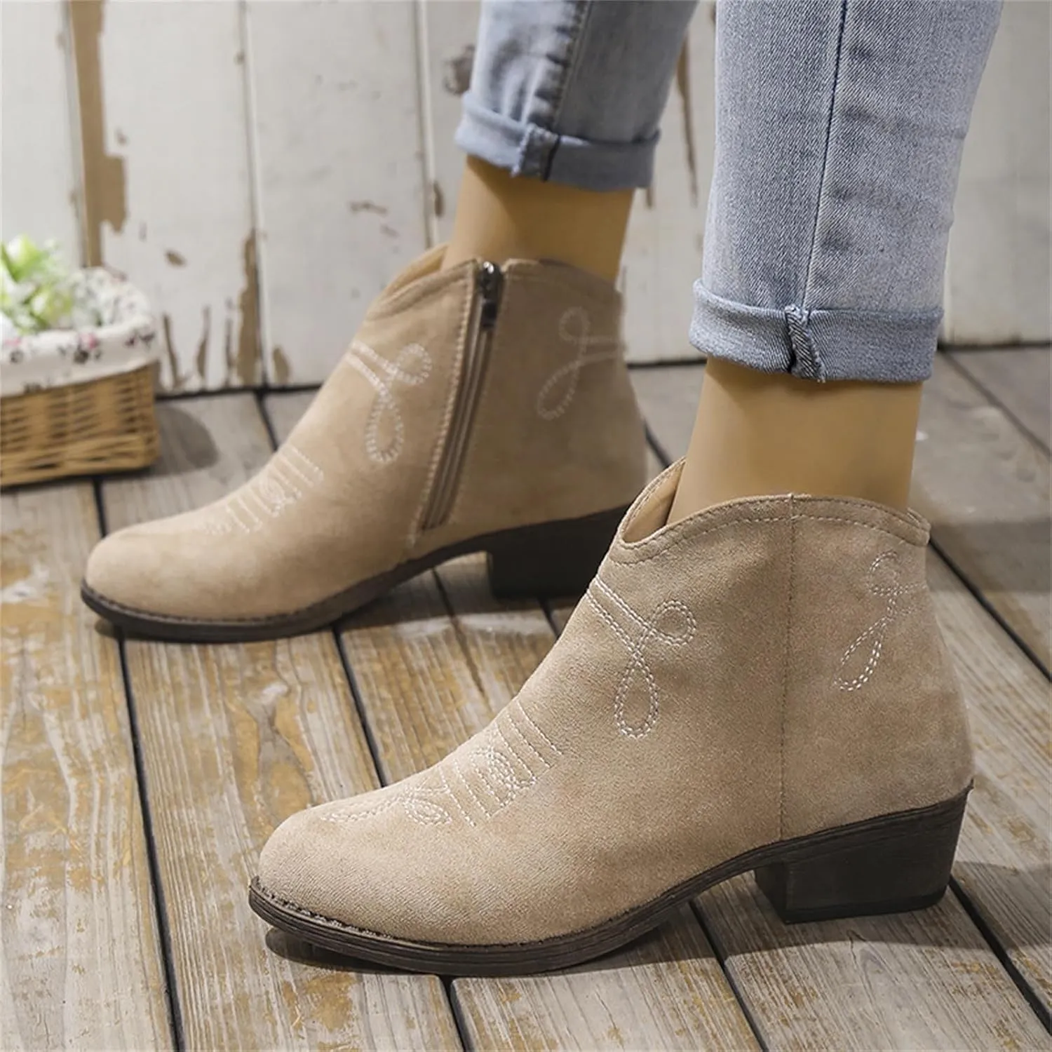 Womens Western Ankle Boots Womens Boots Ankle Western Suede Side Zipper Short Booties Casual Walking Shoes