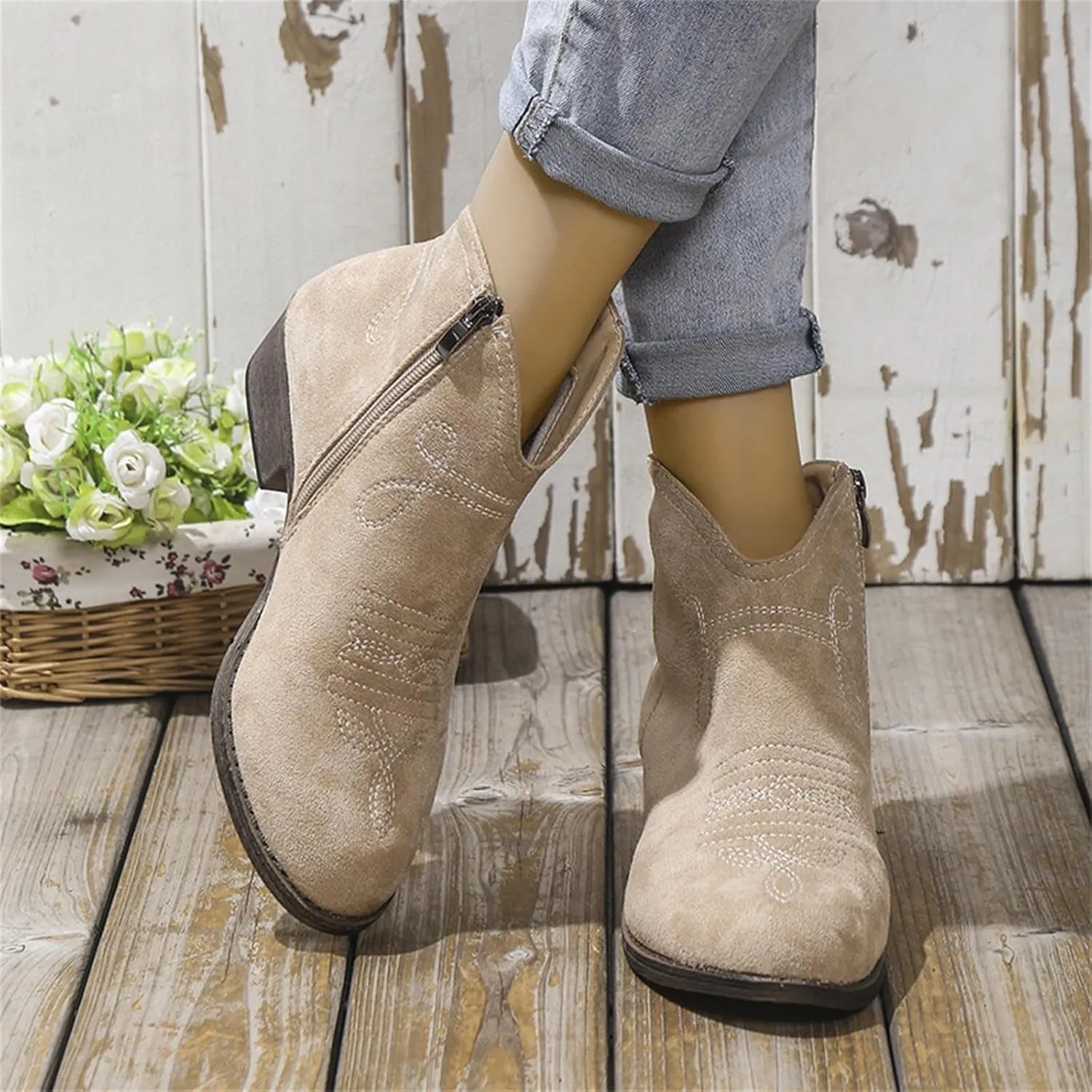Womens Western Ankle Boots Womens Boots Ankle Western Suede Side Zipper Short Booties Casual Walking Shoes