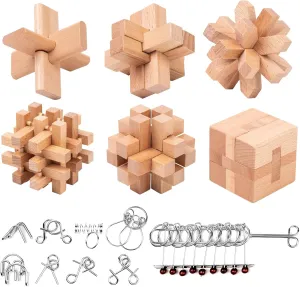 Wooden Brain Teaser Puzzles - Metal Unlock Interlock Game, IQ Logic Test Puzzles Game, 3D Puzzle Toy Brain Teaser for Kids and Adults, Mind Educational Toy Travel Games [15pcs of Pack ]
