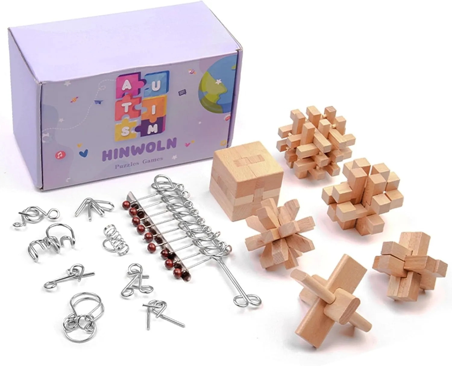Wooden Brain Teaser Puzzles - Metal Unlock Interlock Game, IQ Logic Test Puzzles Game, 3D Puzzle Toy Brain Teaser for Kids and Adults, Mind Educational Toy Travel Games [15pcs of Pack ]